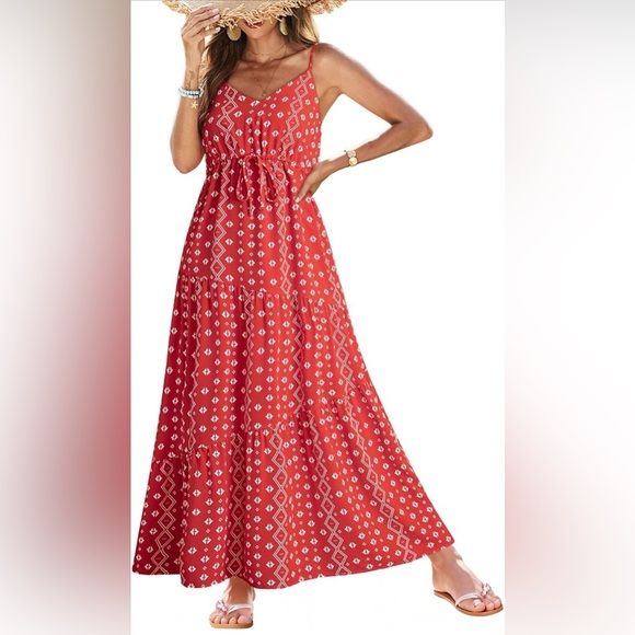 Dokotoo Dresses & Skirts - NWOT Red Print Boho Tiered Summer Maxi Dress with Adjustable Spaghetti Straps